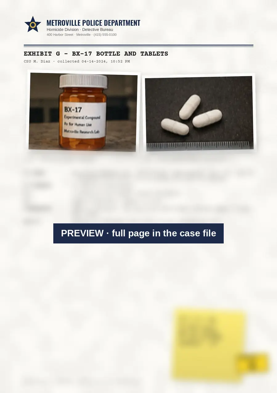 Evidence report with photos of a pill bottle and three white tablets
